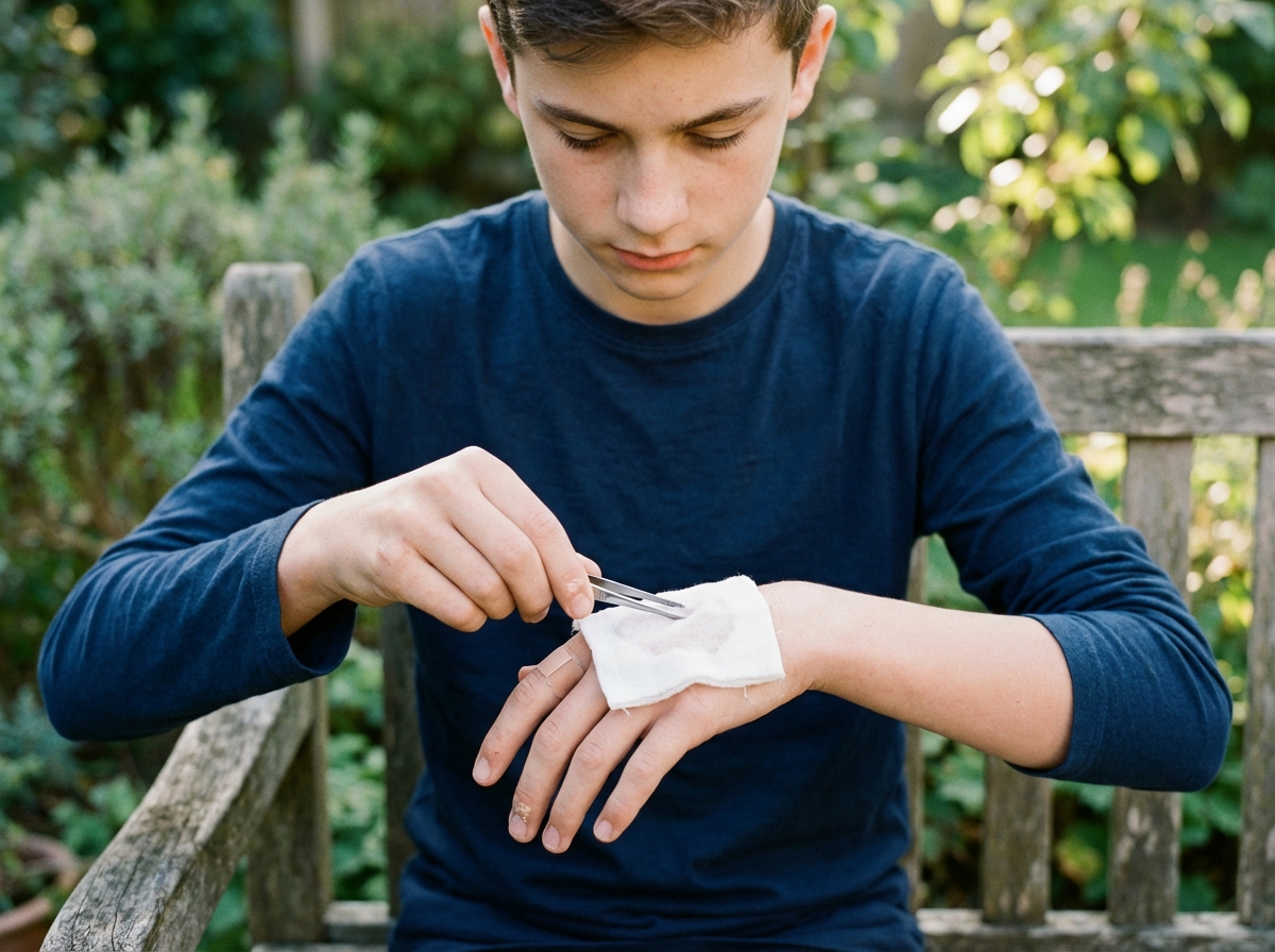 Adolescent utilisant une pince pour placer un compress sur sa main