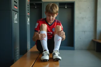 Adolescent tenant son talon douloureux après un entraînement de football, symptôme de la maladie de Sever
