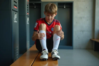 Adolescent tenant son talon douloureux après un entraînement de football, symptôme de la maladie de Sever
