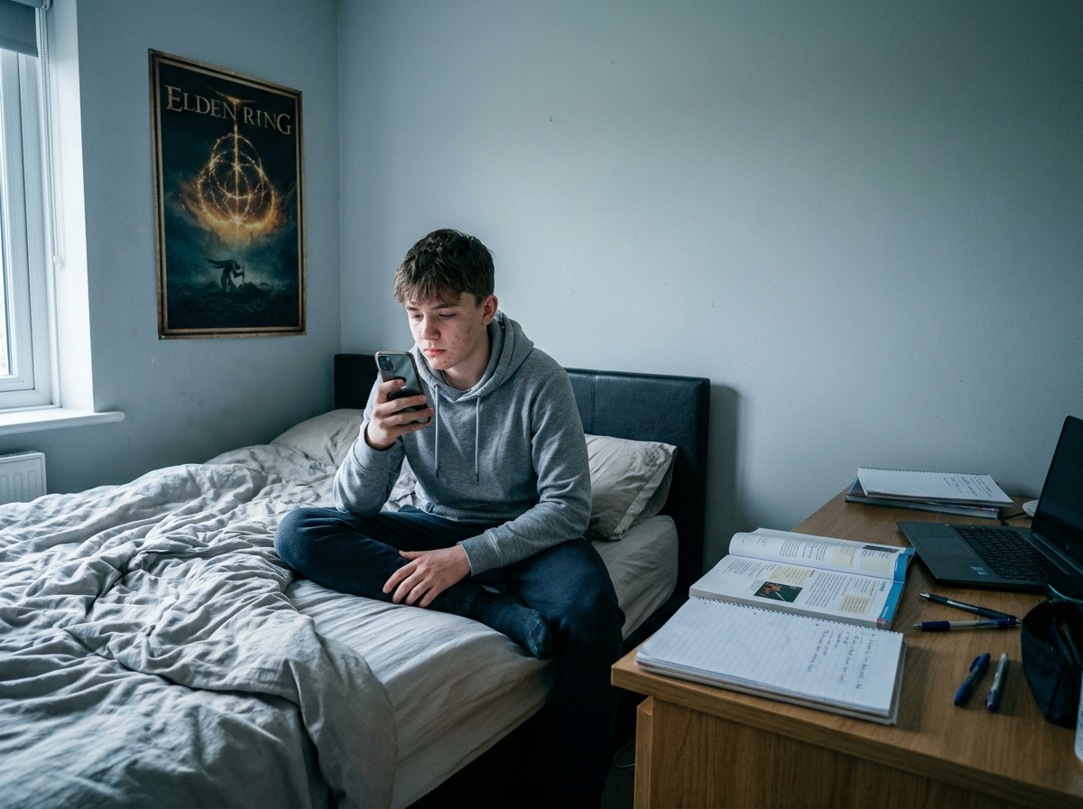 Adolescent fatigué regardant son smartphone de près dans sa chambre le soir