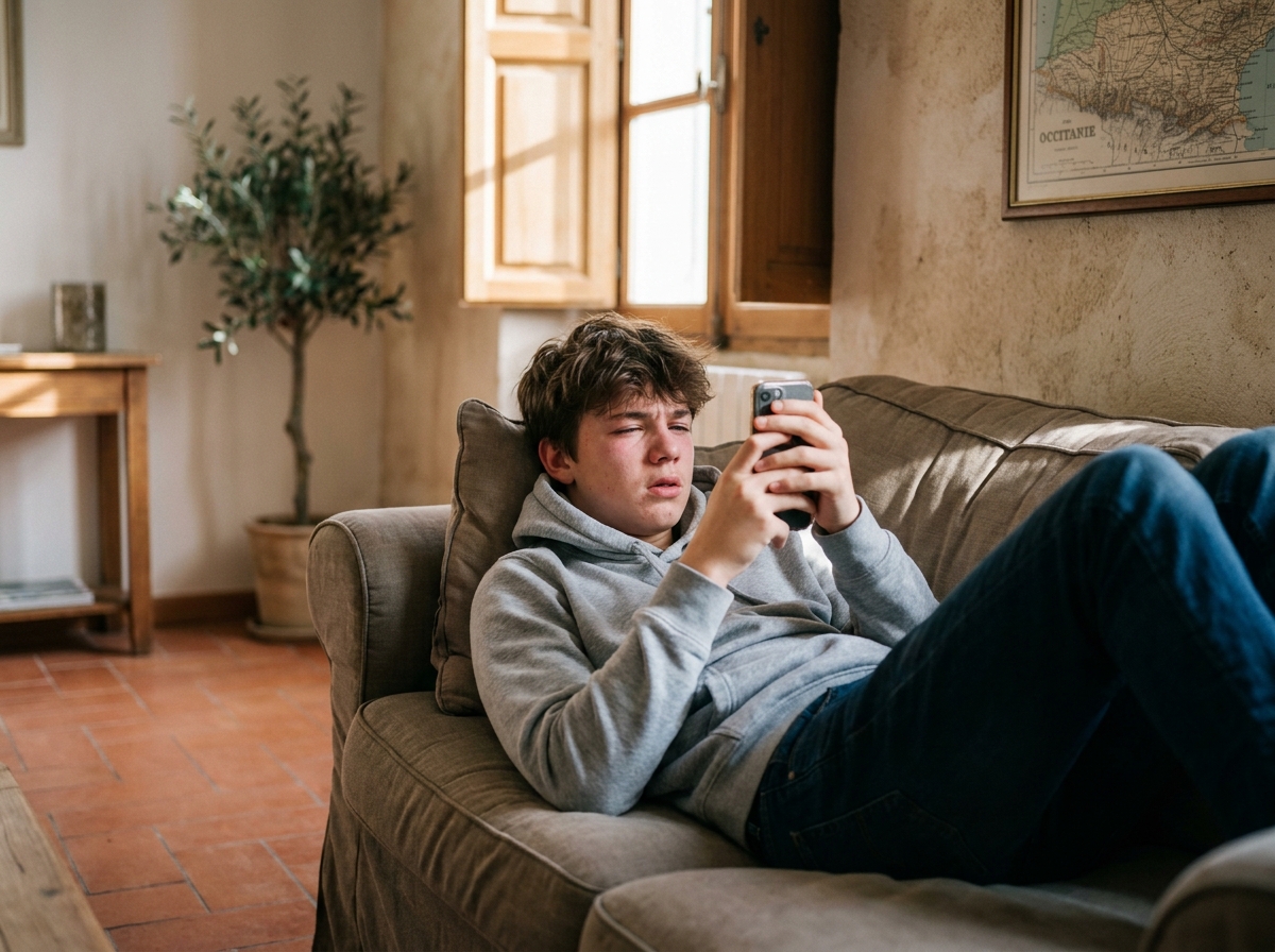 Adolescent allongé sur un canapé consultant son smartphone de trop près dans un salon en Occitanie, illustrant les risques pour la vue liés aux écrans mobiles