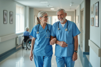 Aide-soignante aidant un senior dans un couloir lumineux