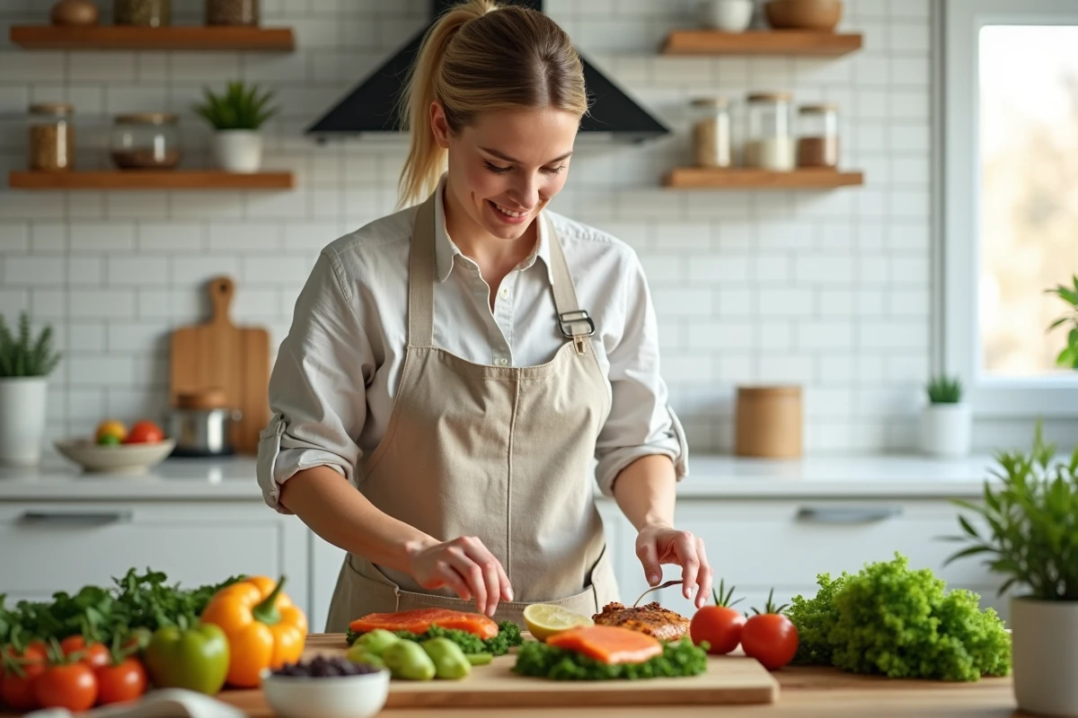 Femme préparant un repas anti-inflammatoire à base de saumon et légumes pour soulager les douleurs de croissance