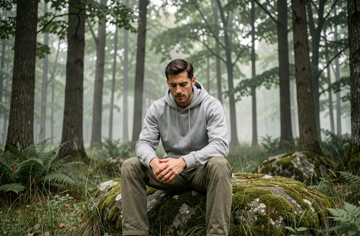 Homme hypersensible pratiquant la pleine conscience en forêt comme anxiolytique naturel