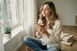 Femme hypersensible au calme tenant une tasse d'infusion apaisante dans un intérieur minimaliste en bois naturel