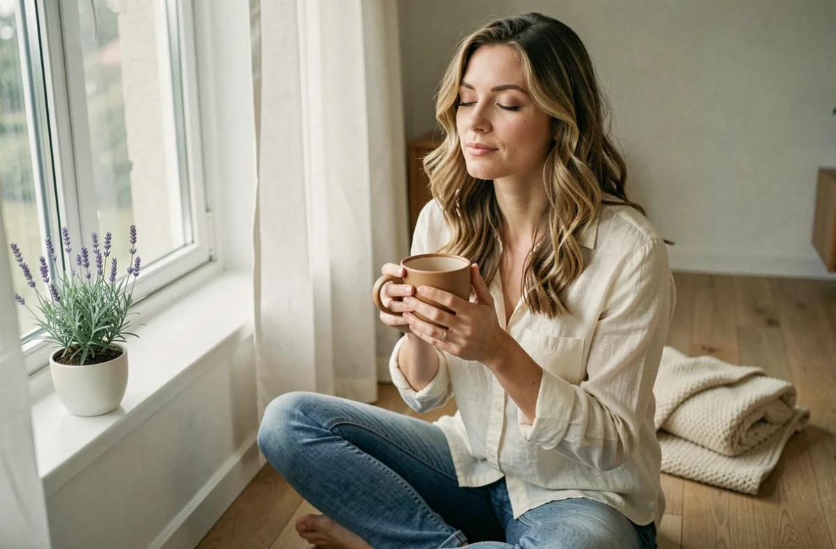 Femme hypersensible au calme tenant une tasse d'infusion apaisante dans un intérieur minimaliste en bois naturel