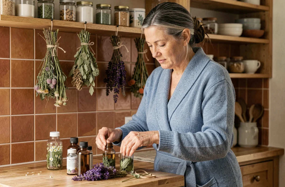Femme hypersensible préparant des remèdes à base de plantes anxiolytiques naturelles dans une cuisine chaleureuse