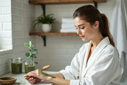 Femme appliquant un cataplasme d'argile verte sur son avant-bras avec une spatule en bois dans une salle de bain minimaliste
