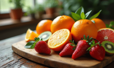 Assortiment de fruits riches en vitamine C sur une table en bois