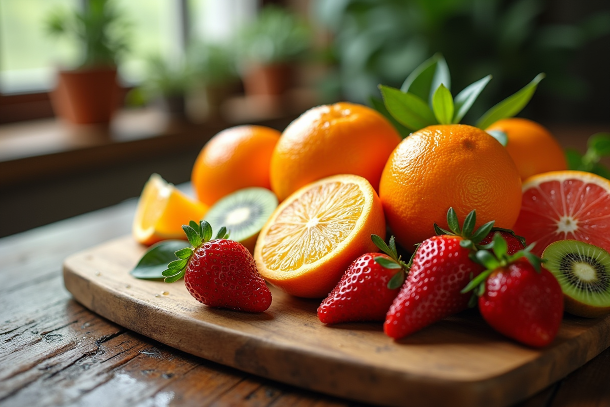 Assortiment de fruits riches en vitamine C sur une table en bois
