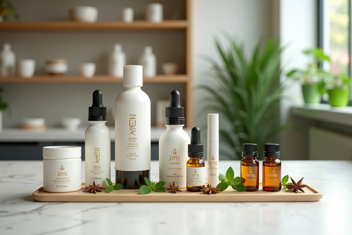 Assortiment de yadom modernes et traditionnels avec des huiles essentielles et des herbes sur un comptoir en marbre blanc dans une boutique de bien-être thaïlandaise contemporaine