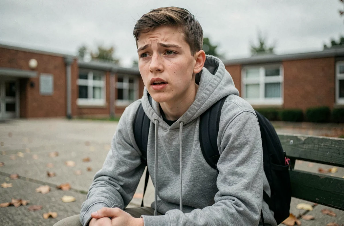 Adolescent assis dans une cour d'école, expression de fatigue respiratoire, signes évocateurs d'asthme chez le jeune