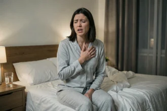 Femme adulte assise sur son lit la nuit, main sur la poitrine, expression d'essoufflement évoquant une crise d'asthme nocturne