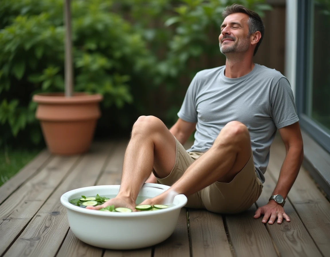 Homme soulageant une brûlure aux pieds avec un bain de pieds naturel à la menthe et au concombre dans un jardin résidentiel