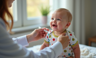 Bébé souriant lors d'une vaccination dans un cabinet pédiatrique