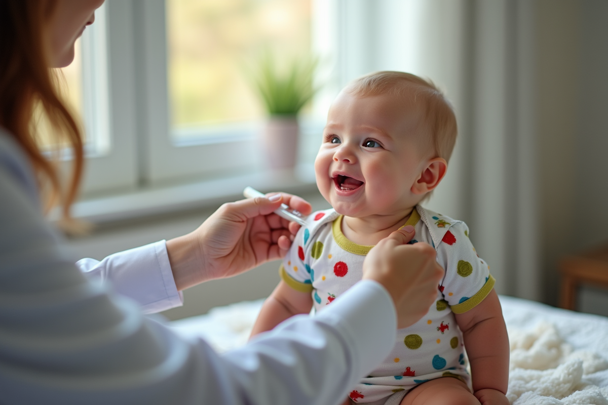 Bébé souriant lors d'une vaccination dans un cabinet pédiatrique