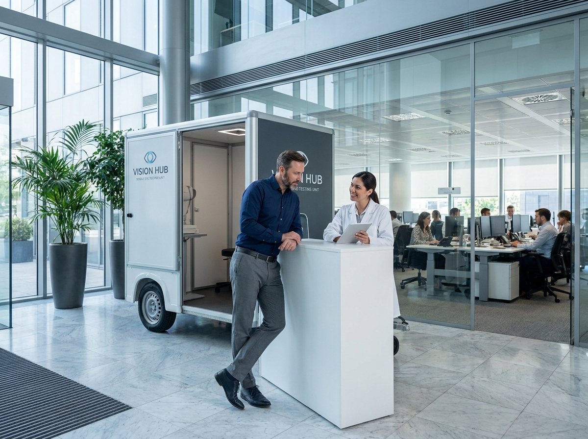 Homme en costume décontracté discutant avec une opticienne à l'accueil d'une unité de dépistage visuel installée dans un hall d'entreprise