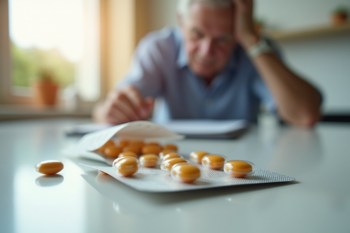 Blister de vitamines B renversé sur le plan de travail avec un homme âgé en arrière-plan