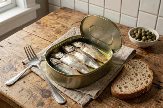 Boîte de sardines à l'huile d'olive ouverte sur une table en bois rustique avec pain complet et câpres