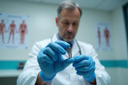 Cardiologue tenant un stent coronarien métallique entre ses doigts gantés dans une salle de consultation hospitalière