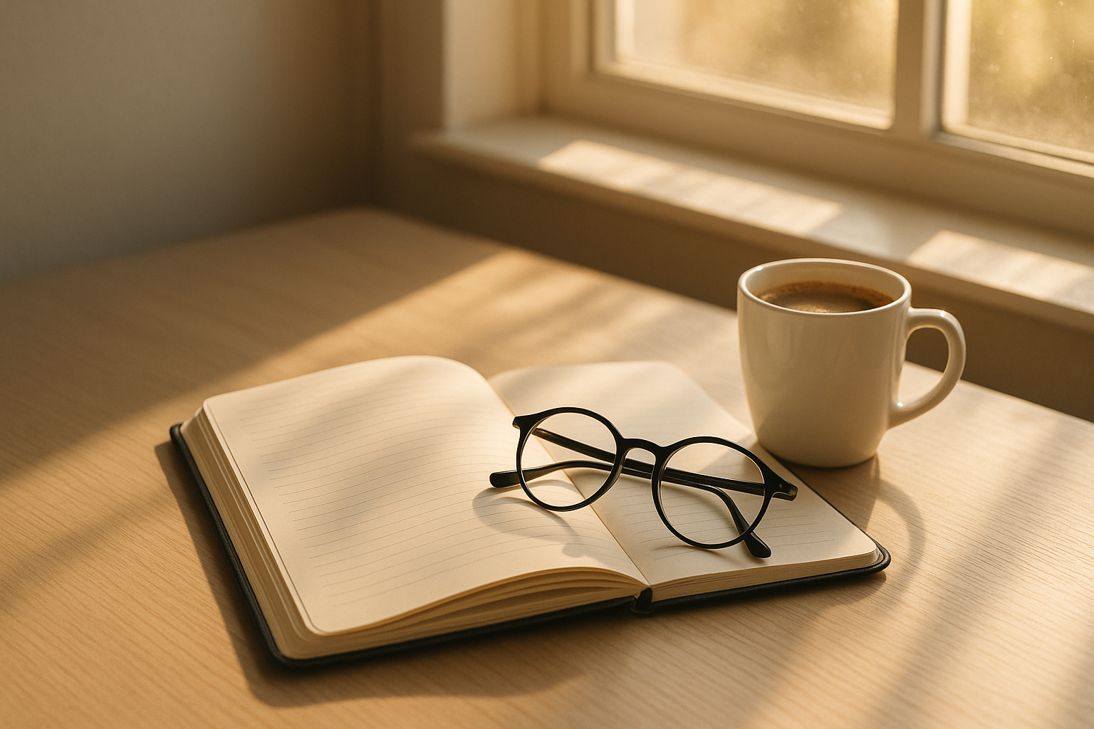 Carnet et lunettes sur un bureau avec une tasse de café et lumière naturelle