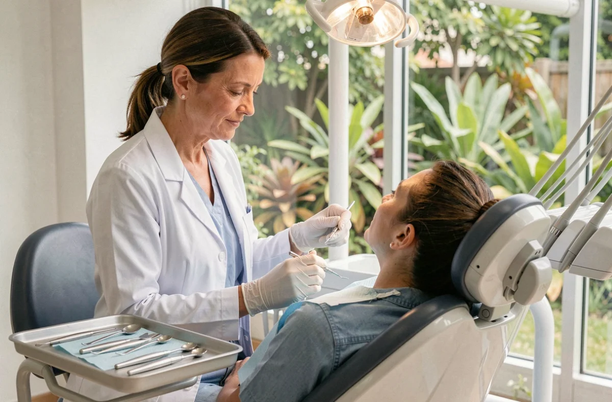 Dentiste examinant un patient dans un cabinet dentaire lumineux avec vue sur un jardin