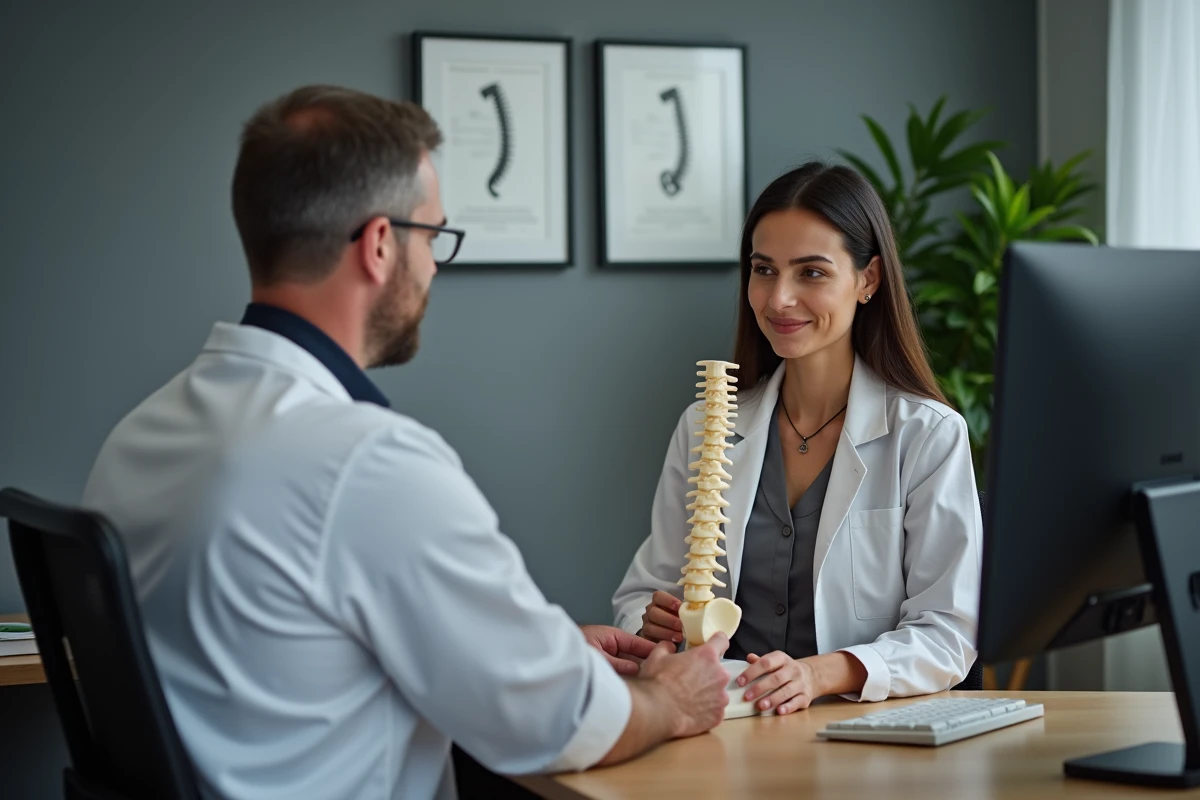 Chiropracteur expliquant le fonctionnement de la colonne vertébrale à une patiente lors d'une consultation en cabinet