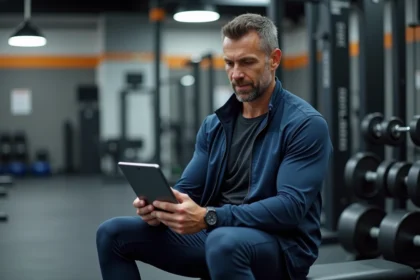 Entraineur en salle de sport regardant ses statistiques