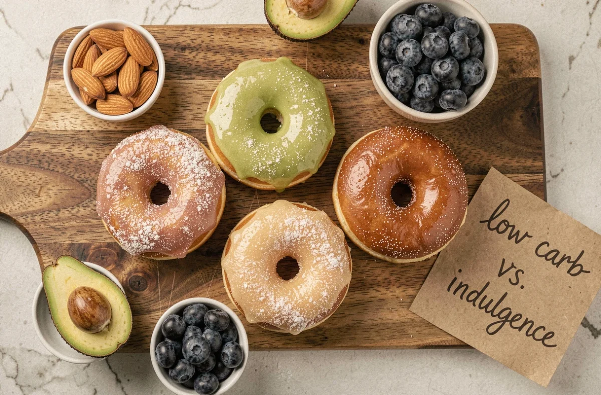 Vue du dessus de donuts Krispy Kreme entourés d'aliments faibles en glucides comme l'avocat et les amandes, comparaison visuelle pour un régime keto