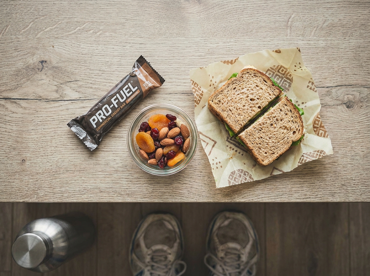 Comparatif d'encas sportifs : barre énergétique, fruits secs et sandwich maison sur une table en bois