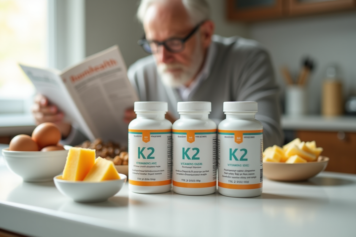 Bouteilles de compléments vitamine K2 avec œufs et fromage