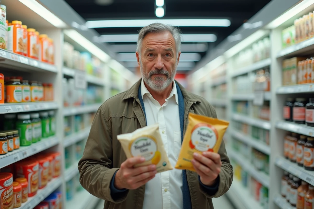 Consommateur perplexe lisant les étiquettes de produits contenant du xylitol et du xyphanol en rayon de supermarché
