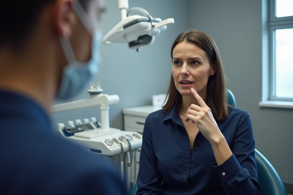 Femme en consultation dentaire montrant sa mâchoire douloureuse au dentiste, dans un cabinet médical moderne