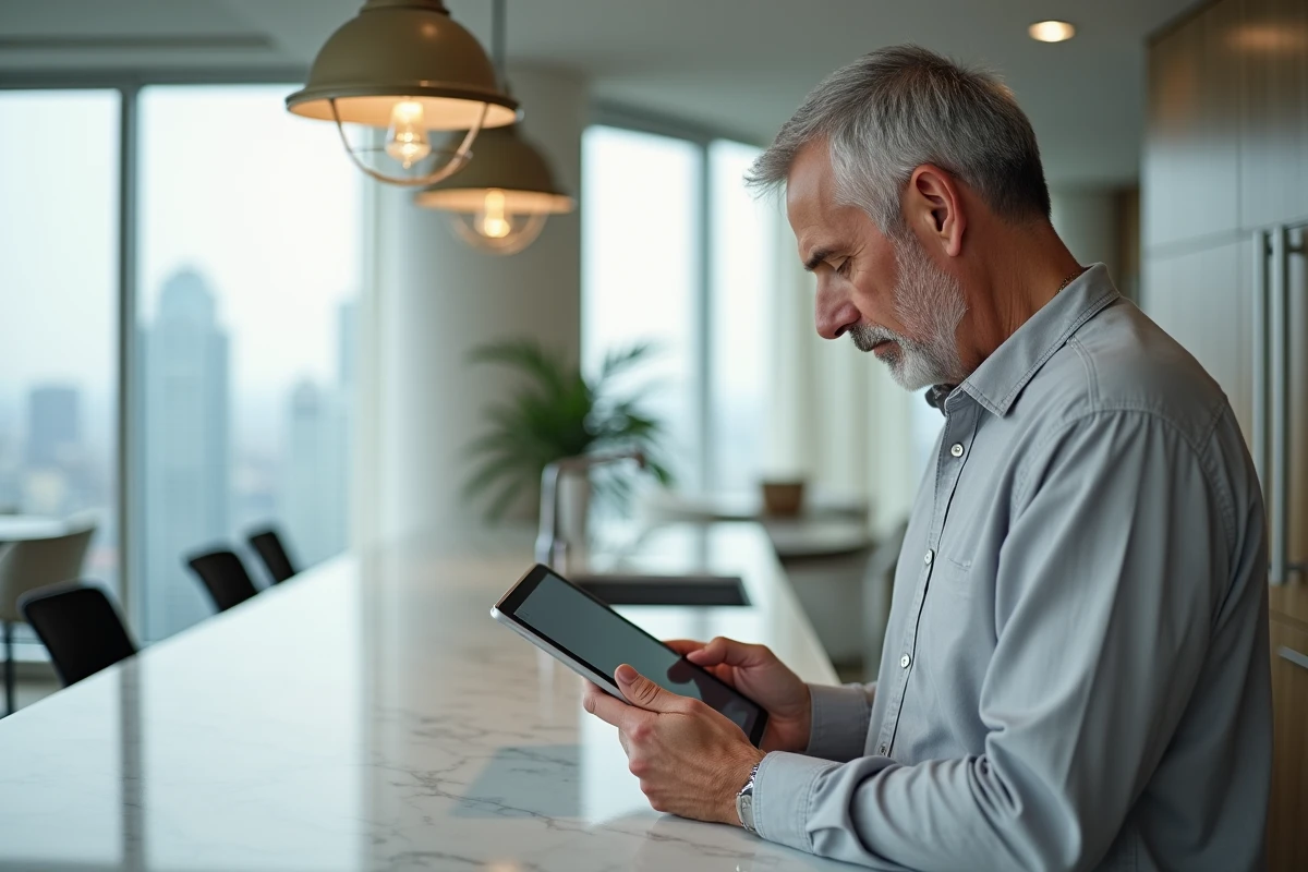 Homme consultant un magazine numérique sur tablette dans une cuisine moderne