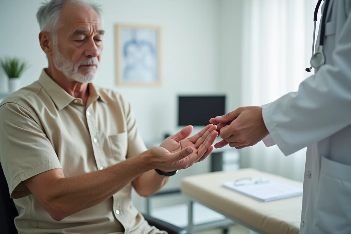 Patient montrant sa main droite à un médecin lors d'une consultation pour diagnostiquer les fourmillements et engourdissements