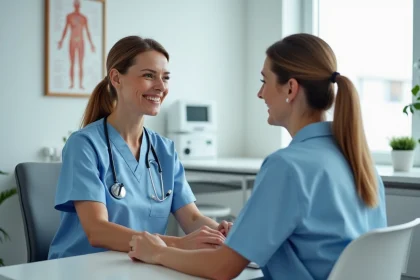 Consultation médicale entre une femme médecin et une patiente pour des douleurs aux ganglions inguinaux dans une clinique moderne