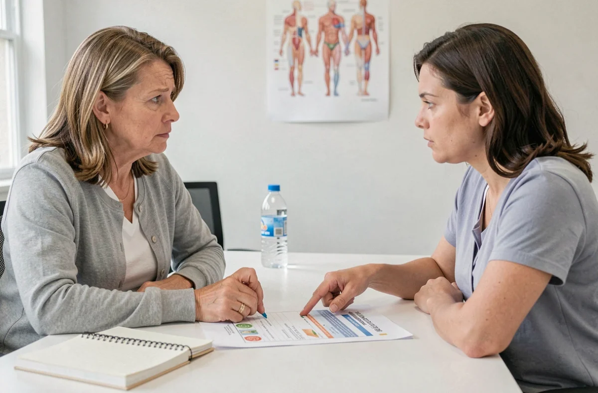 Consultation nutritionniste avec une patiente discutant des risques et erreurs à éviter lors d'un régime militaire intensif