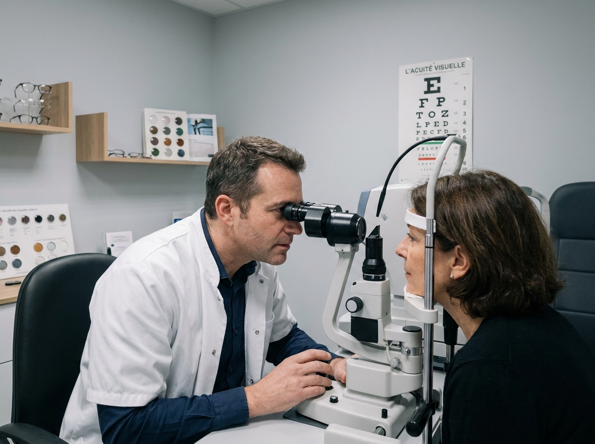 Opticien examinant la vue d'un patient avec un biomicroscope dans une clinique ophtalmologique moderne à Toulouse, Occitanie