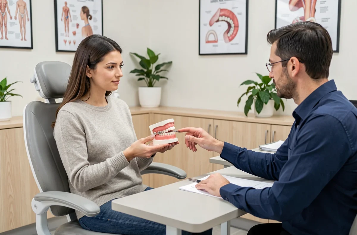 Patiente adulte en consultation orthodontique pour le suivi d'une dent qui pousse dans la gencive