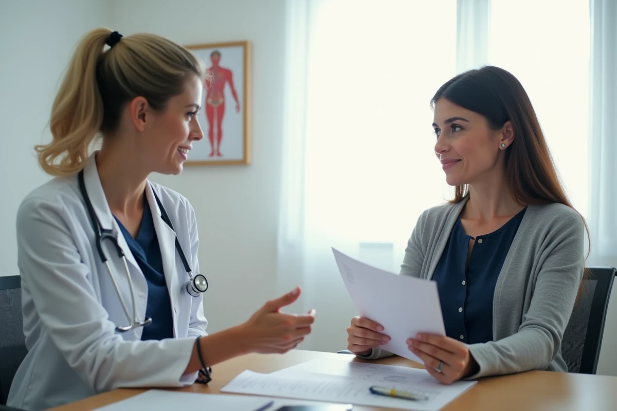 Consultation médicale post-opératoire entre une patiente et sa gynécologue pour le suivi après ablation de trompe