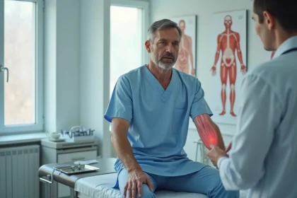 Patient en consultation neurologique montrant des contractions musculaires involontaires au niveau de l'avant-bras lors d'un examen médical