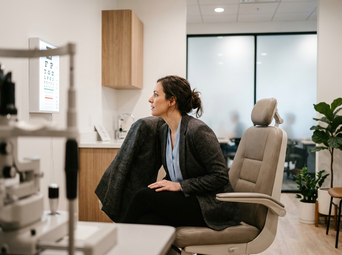 Femme en tenue de bureau passant un contrôle de vue dans une clinique optométrique moderne installée près du lieu de travail