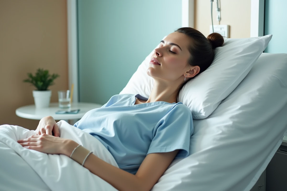 Femme en convalescence après une opération gynécologique allongée dans une chambre d'hôpital moderne et apaisante