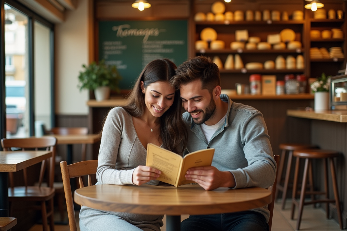Jeune couple au café regardant le menu fromages