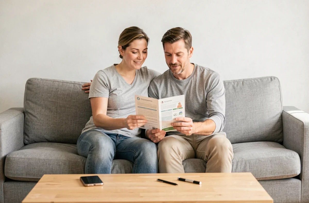 Couple examinant ensemble une brochure de mutuelle santé Ociane Matmut dans leur salon