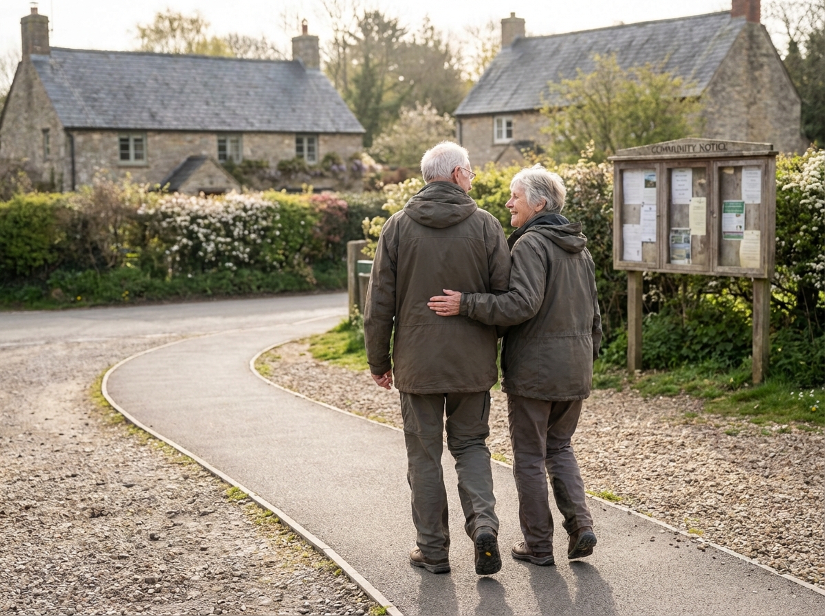 Couple âgé marchant dans un village rural
