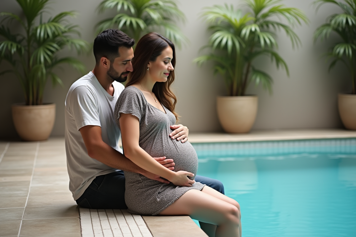 Couple enceinte au bord de la piscine intérieure