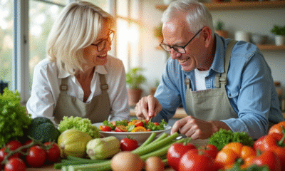 Couple senior préparant une salade colorée dans la cuisine