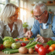 Couple senior préparant une salade colorée dans la cuisine