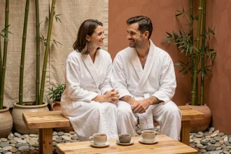 Couple en peignoirs blancs partageant un moment de détente dans un spa bien-être à Toulouse